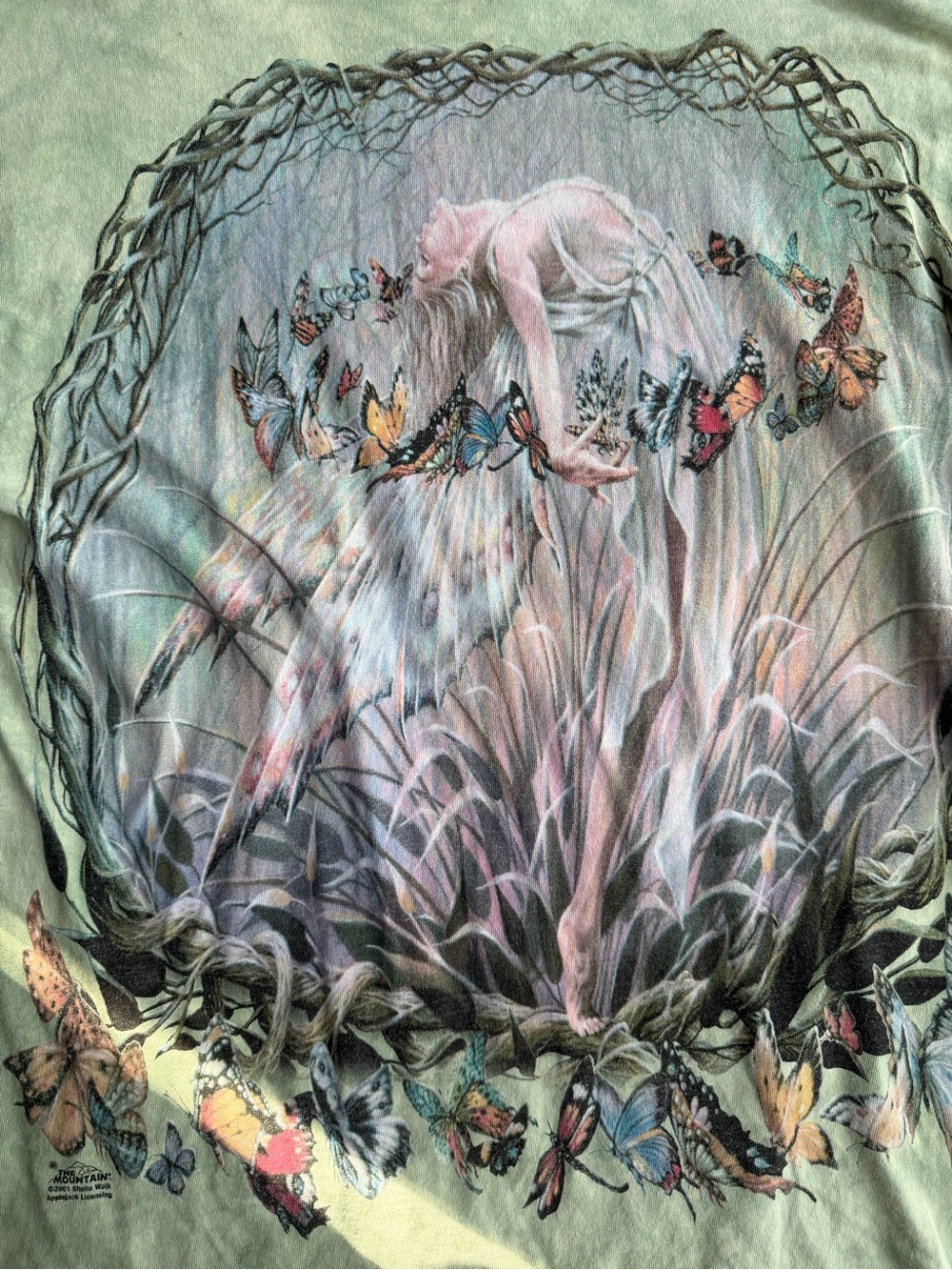 The Mountain Mint Green Tee with Pink, Blue and Yellow Fairy & Butterfly Art